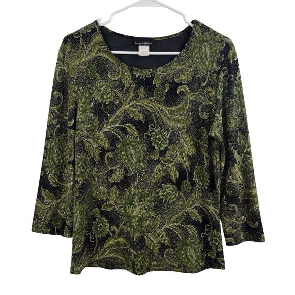 Vintage 90s Y2K Black Green Floral Top Large Metallic Textured Pullover Retro - Picture 1 of 13